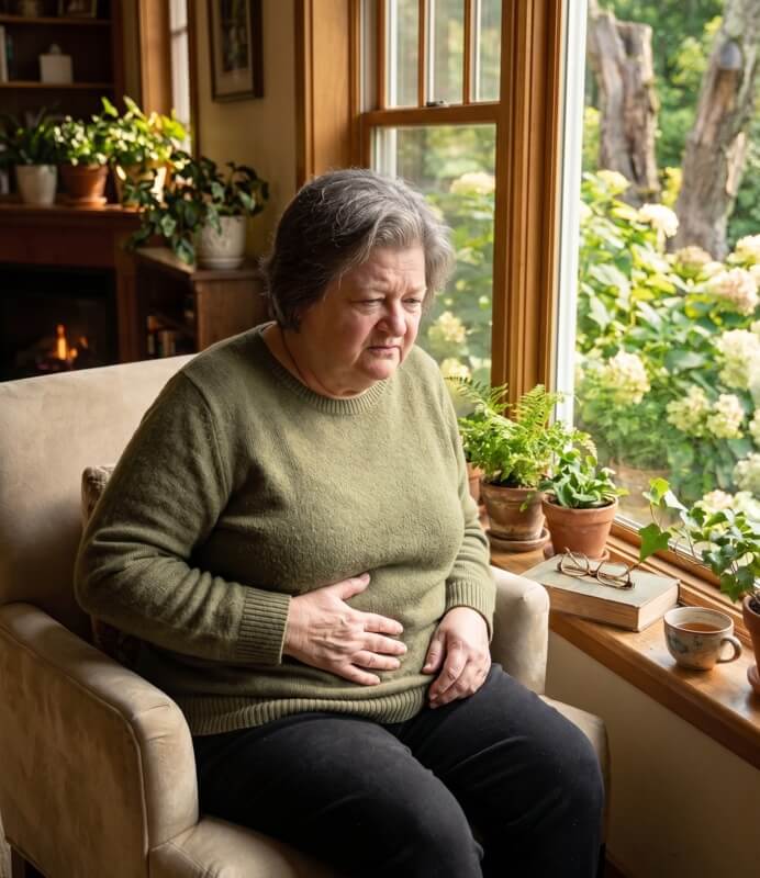 An older woman sits with her hand on her abdomen near a sunlit window