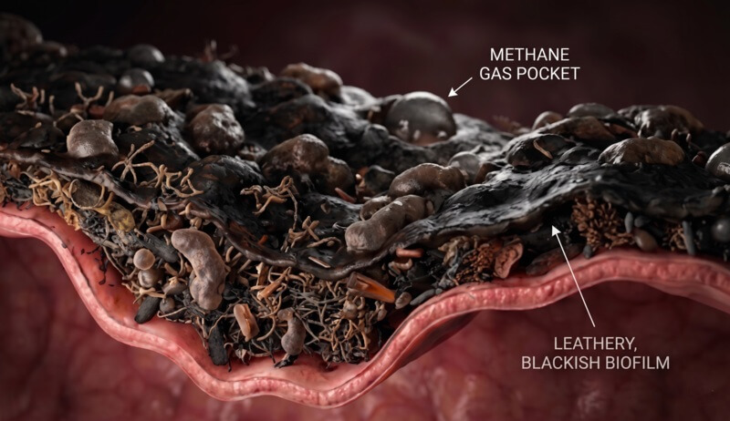 3D scientific visualization of methanogenic biofilm coating intestinal walls